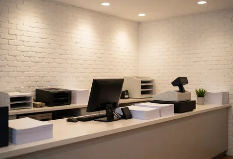 Printer counter with cash register, computer, paper stack, and white brick wall. Clean professional environment for customer service.