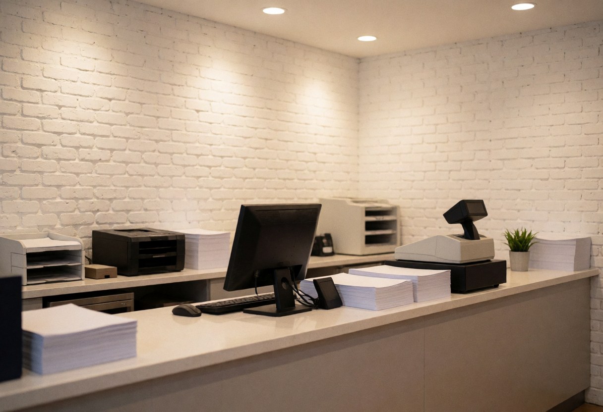 Printer counter with cash register, computer, paper stack, and white brick wall. Clean professional environment for customer service.