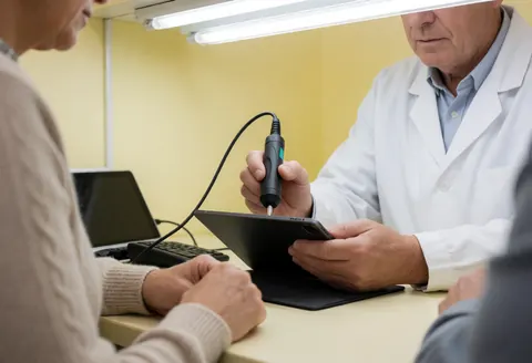 Technician uses a diagnostic tool to repair a tablet in a professional lab with yellow walls and fluorescent lighting