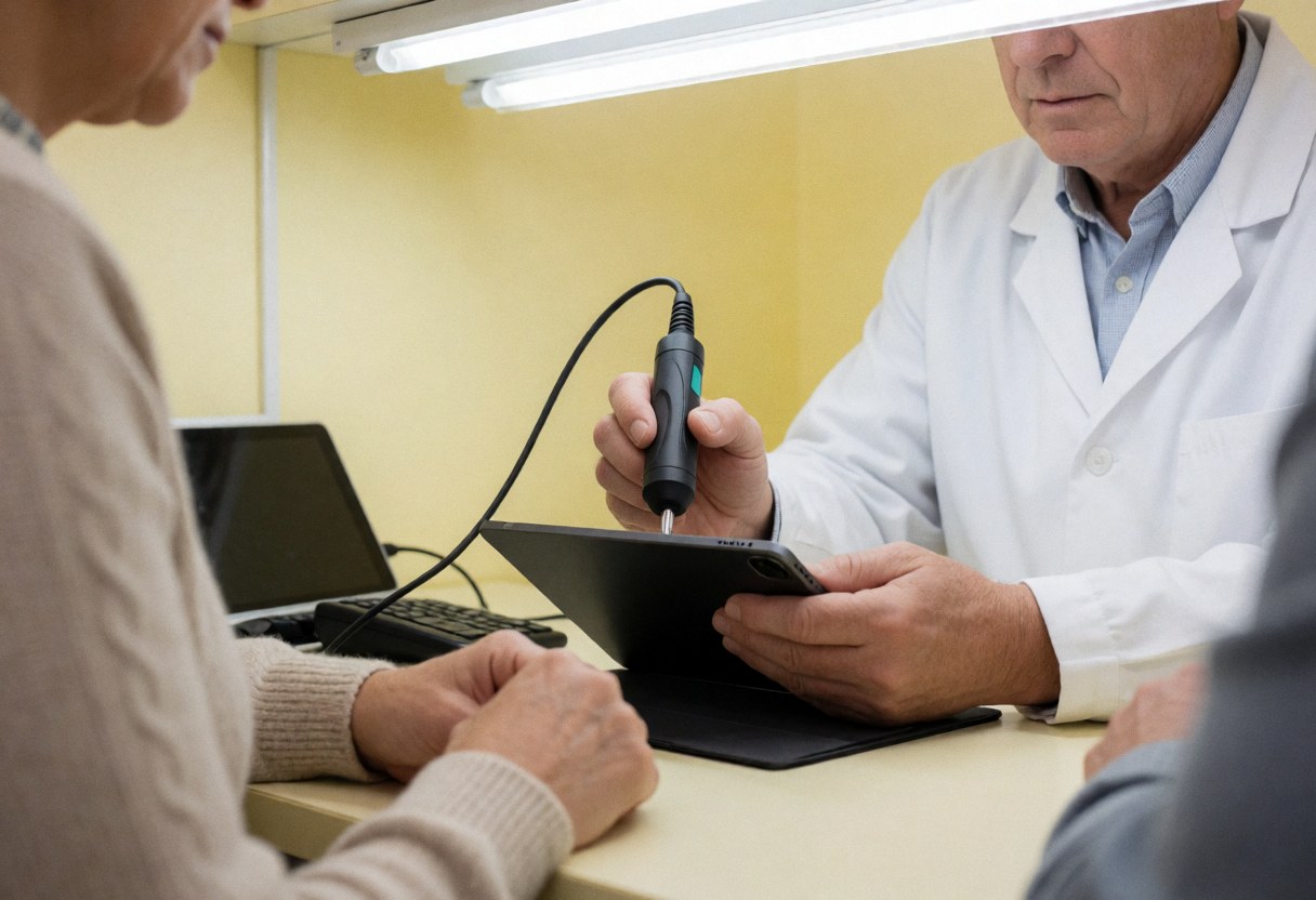 Technician uses a diagnostic tool to repair a tablet in a professional lab with yellow walls and fluorescent lighting