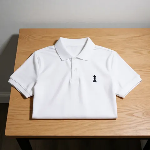 Folded white polo shirt featuring a chess king emblem on the chest, placed on a wooden table against a light gray wall with natural lighting.