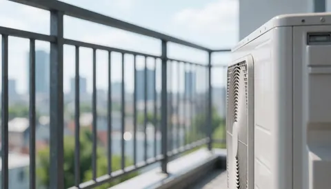 White heating unit on a terrace with a metal railing and blurred urban background, suitable for commercial text overlays.