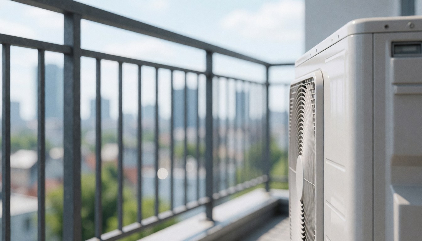 White heating unit on a terrace with a metal railing and blurred urban background, suitable for commercial text overlays.