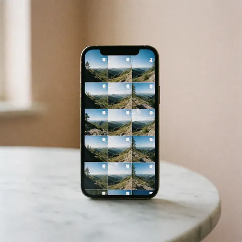 Modern smartphone on white marble table showing a grid of mountain landscape photos with soft beige walls and natural lighting