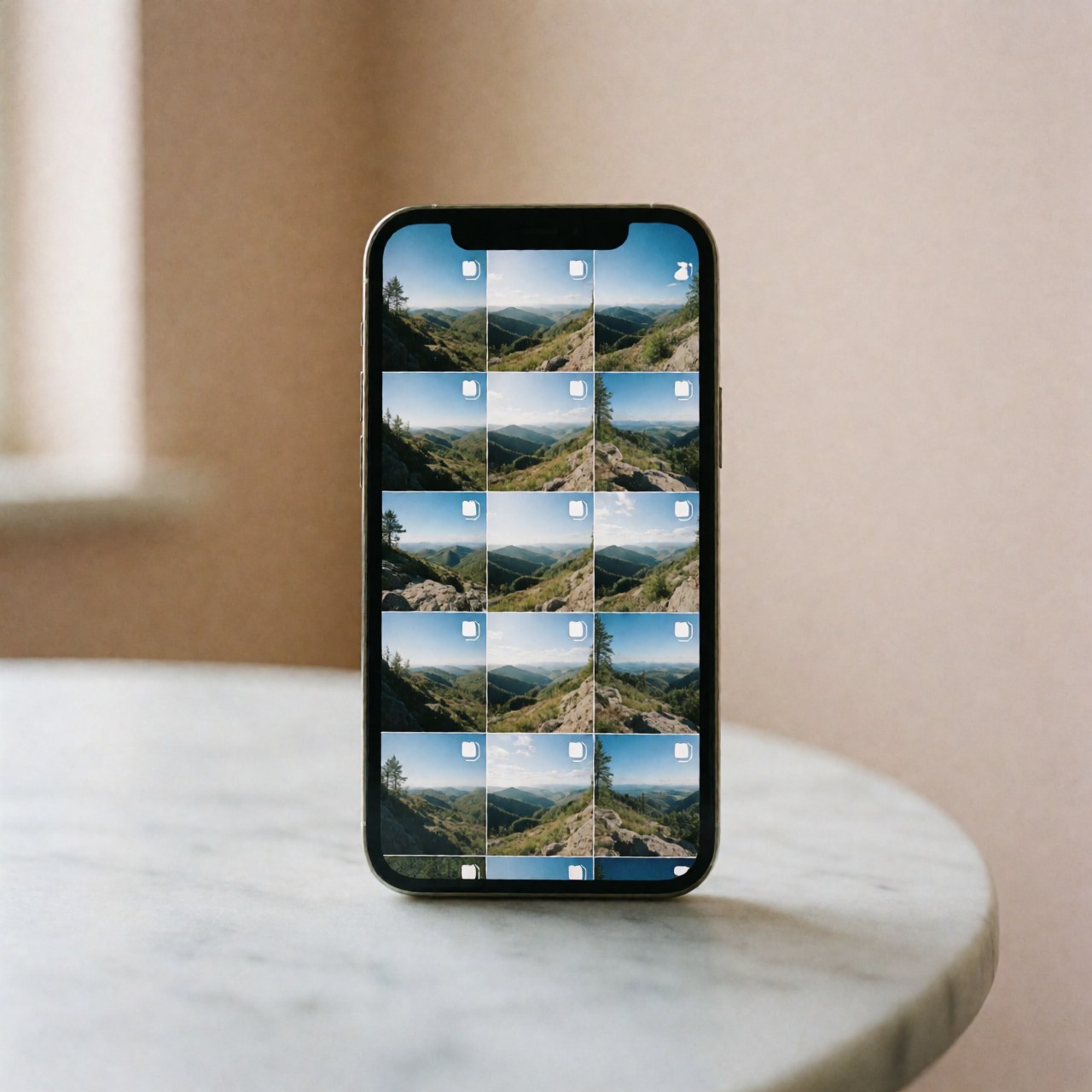 Modern smartphone on white marble table showing a grid of mountain landscape photos with soft beige walls and natural lighting