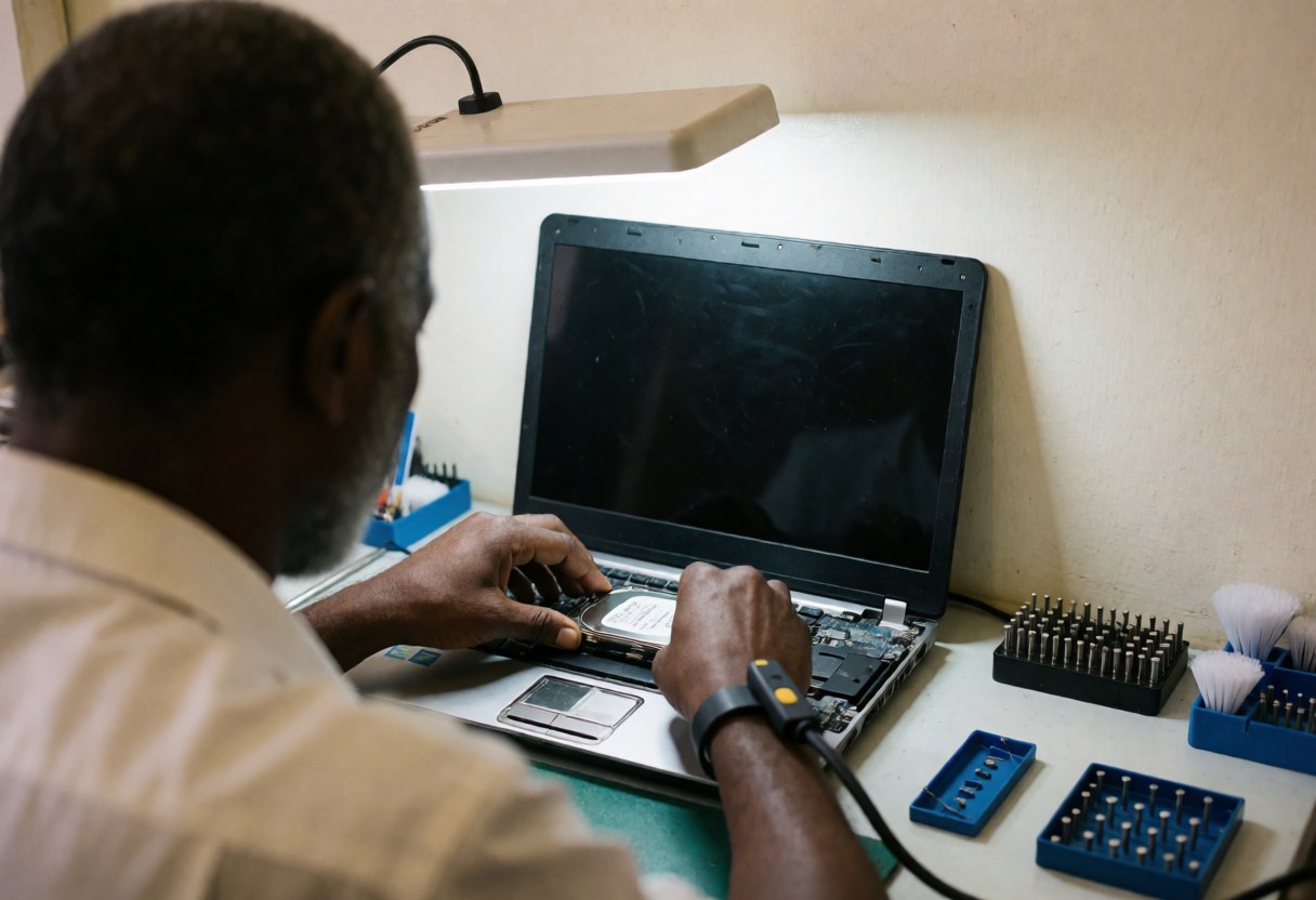 Technician replacing a hard drive in an open laptop with tools and work light on a clean table