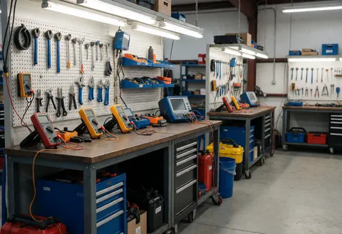 Workbench with multimeters, battery testers, and tools on a pegboard under fluorescent lighting in a clean repair shop.