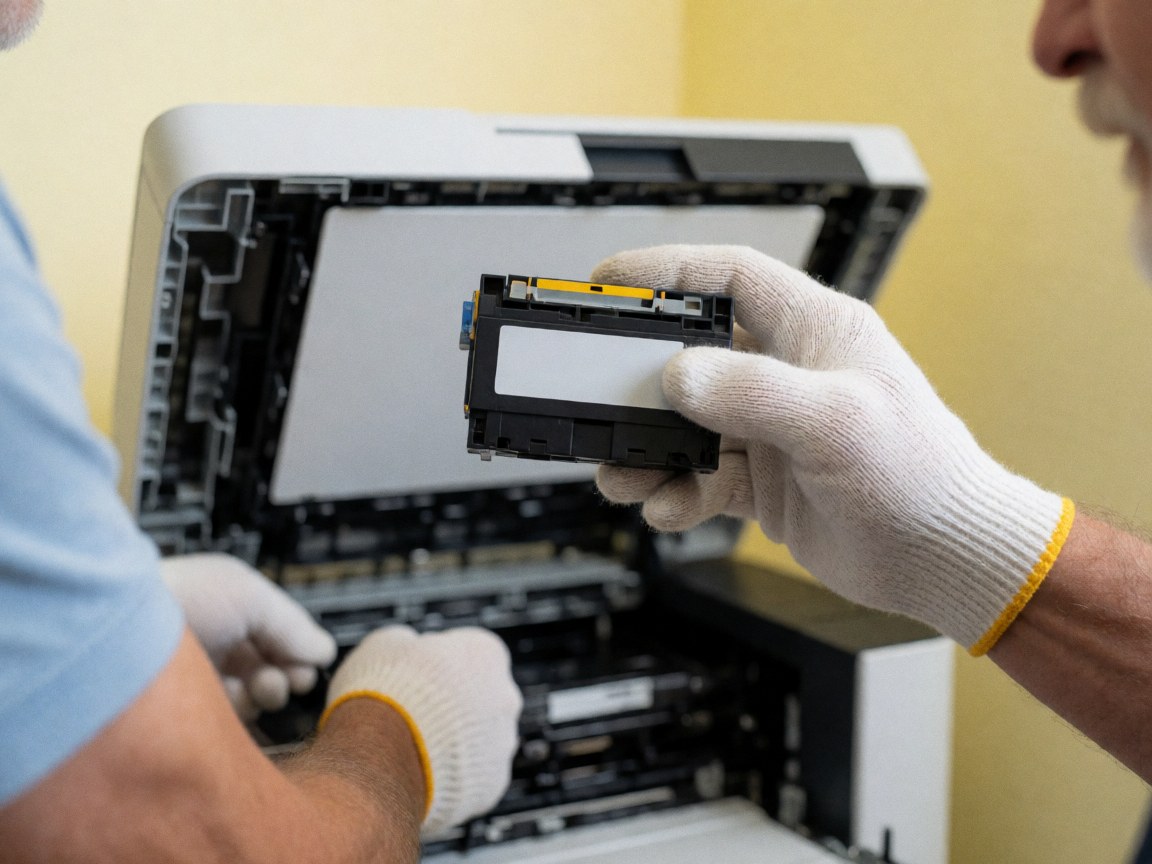 Technician holding a new ink cartridge ready for installation in an open printer against a pale yellow wall.