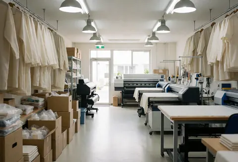 Empty textile printing studio with large printers, hanging white garments, and organized material boxes under natural and artificial light