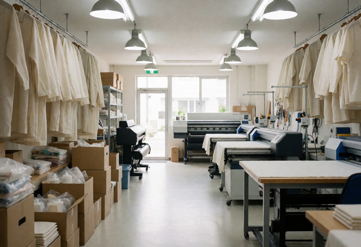 Empty textile printing studio with large printers, hanging white garments, and organized material boxes under natural and artificial light