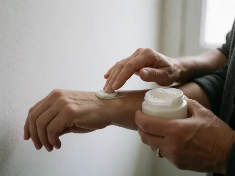 A hand applies white cream to an arm while another holds the jar against a white background with natural light and visible texture.