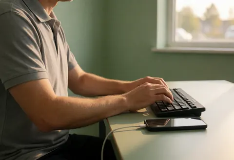 Close-up of technician hands working on a mobile phone keyboard with a charging cable connected, set against a green wall with warm window light.
