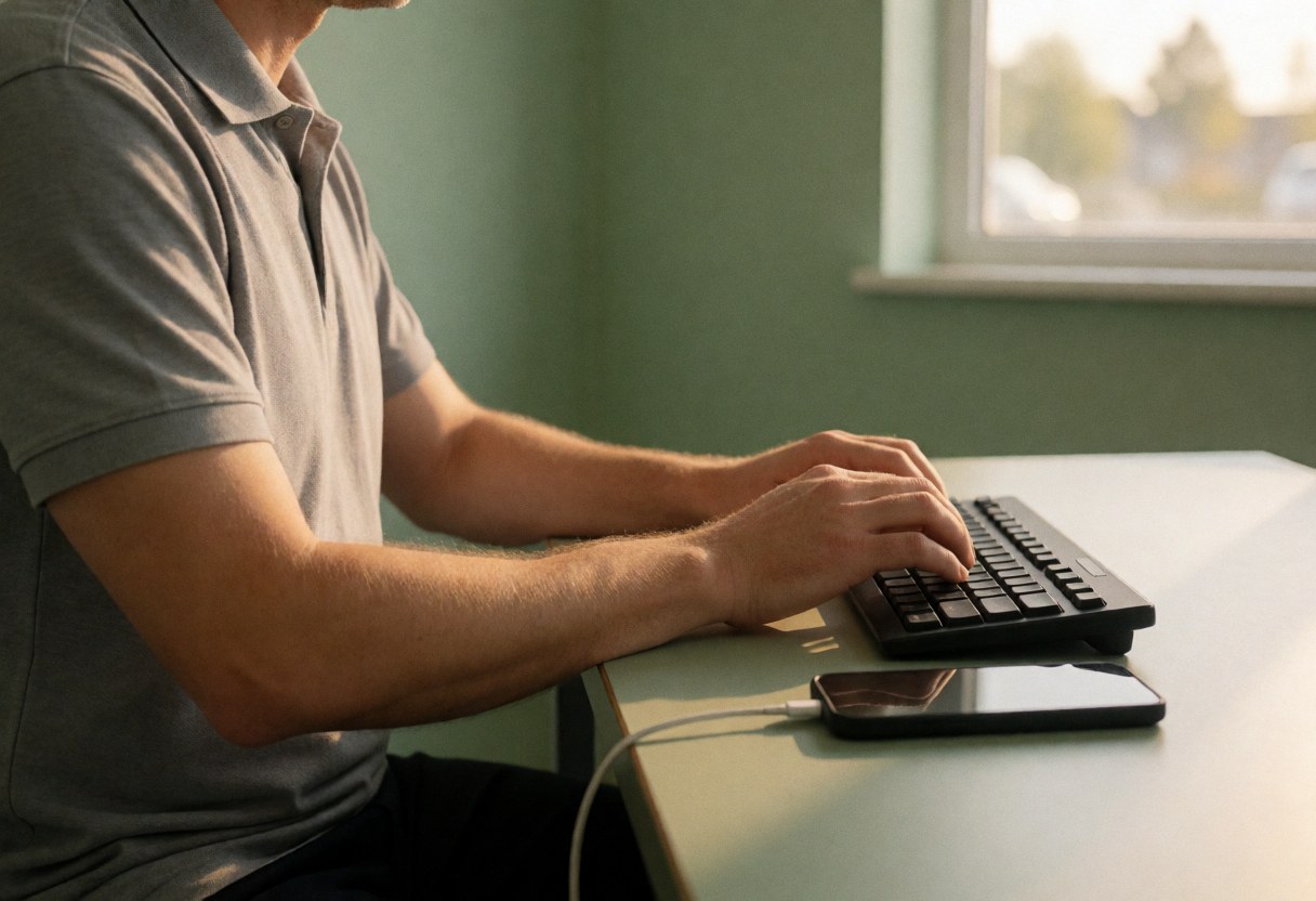 Close-up of technician hands working on a mobile phone keyboard with a charging cable connected, set against a green wall with warm window light.