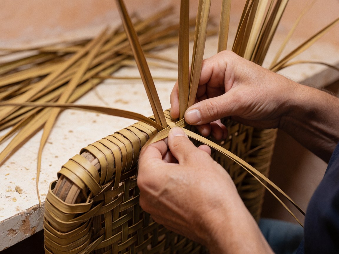 Close-up of hands weaving palm leaves into a traditional wooden chair frame in a workshop setting