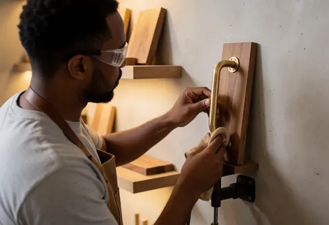 Carpenter wearing safety glasses polishing a bronze handle with cloth in a workshop with wooden shelves and concrete wall.