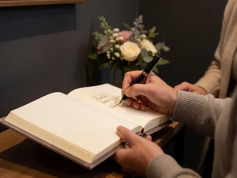 A hand writes in a velvet guest book with a floral background and dark gray wall, creating an intimate and warm atmosphere.