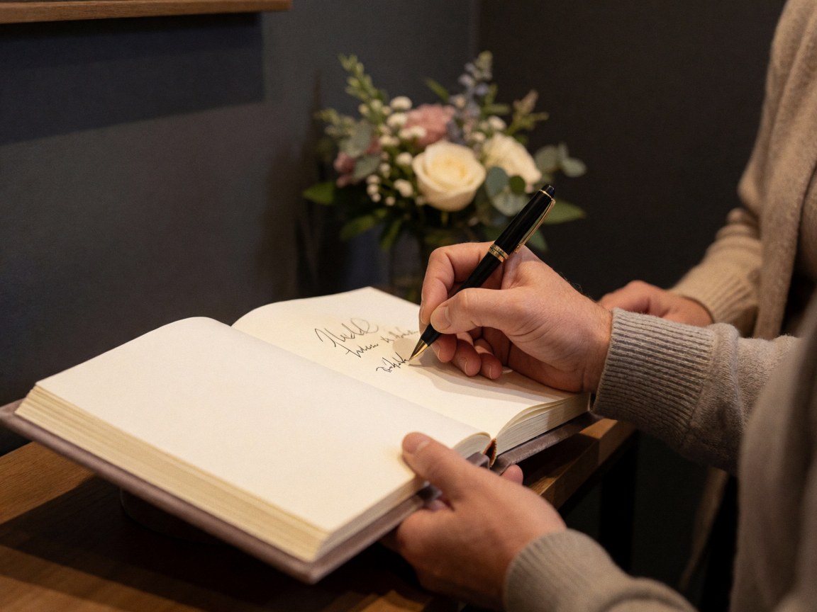 A hand writes in a velvet guest book with a floral background and dark gray wall, creating an intimate and warm atmosphere.