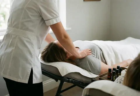Therapist in white uniform massages client shoulder on table with essential oils nearby in treatment room with gray walls and soft natural light