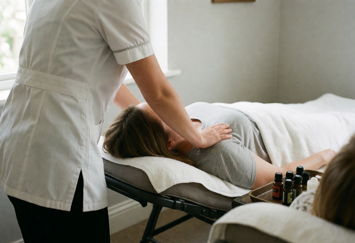 Therapist in white uniform massages client shoulder on table with essential oils nearby in treatment room with gray walls and soft natural light