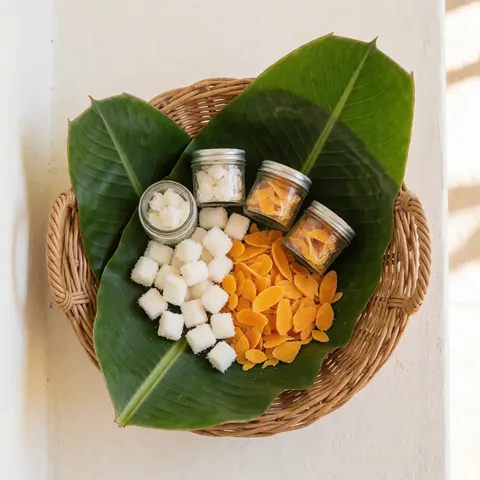 Top view of a wicker basket filled with banana leaves, coconut cubes, and mango chips for tropical party decor
