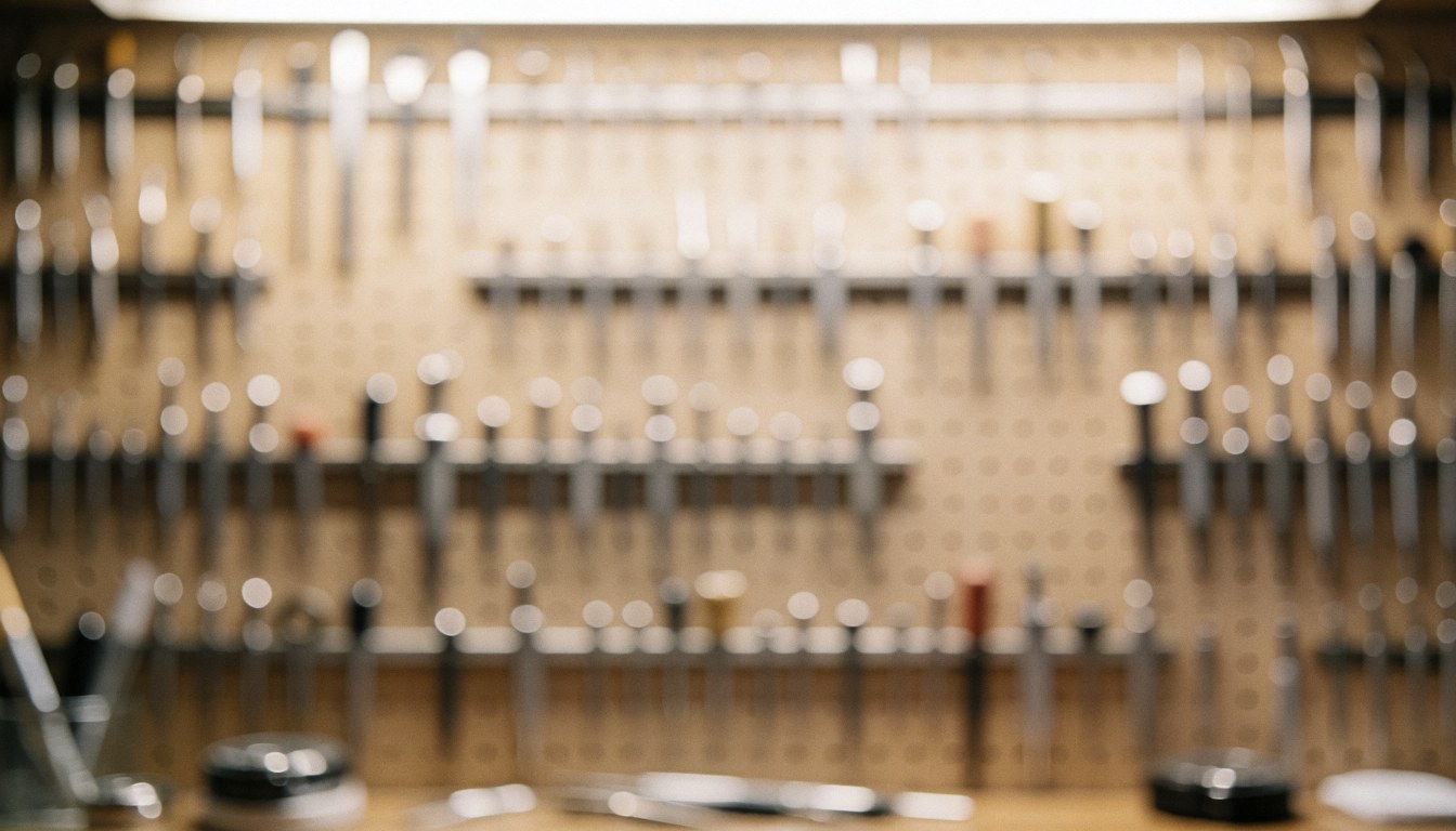 Watchmaking tools hanging on a wooden wall with warm lighting and bokeh effect, suitable for text and logos.