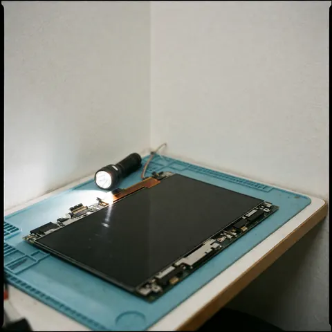A disassembled TV panel on an antistatic surface, illuminated by a flashlight, showing internal connectors and circuits for repair.