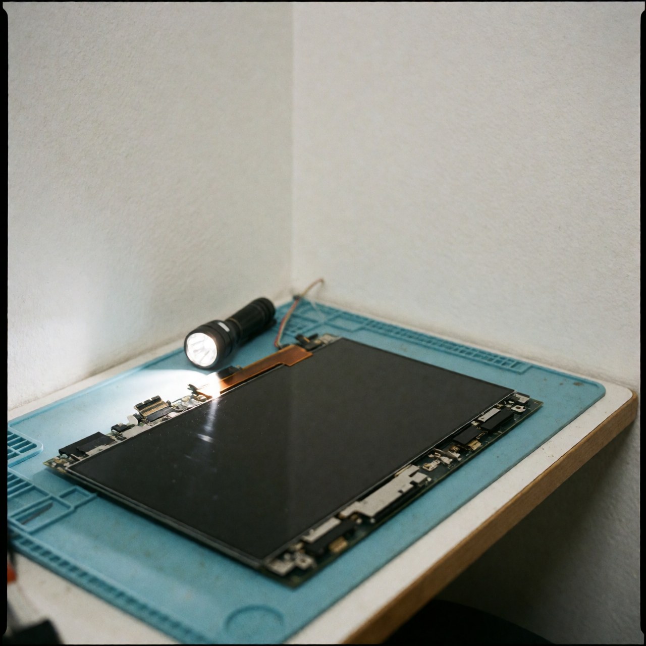 A disassembled TV panel on an antistatic surface, illuminated by a flashlight, showing internal connectors and circuits for repair.