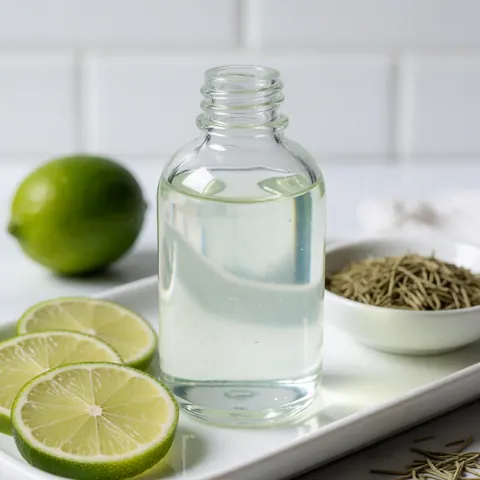 Transparent facial gel bottle on a white tray surrounded by lime slices and dried rosemary against a white wall