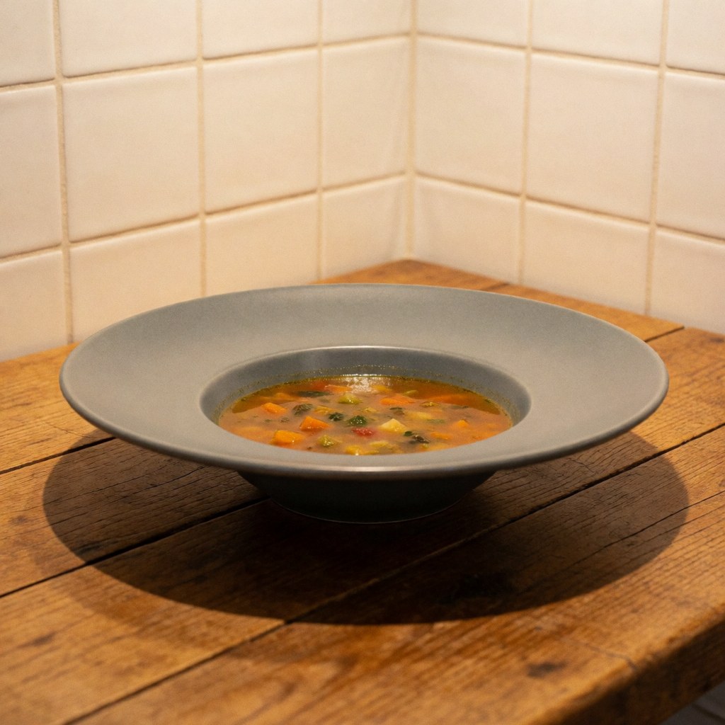 Bowl of vegetable soup in a matte gray ceramic dish placed on a rustic wooden table with white wall tiles in the background and warm cozy lighting.