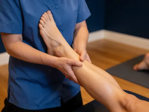Close-up of therapist's hands performing deep tissue massage on a client's leg during a therapy session