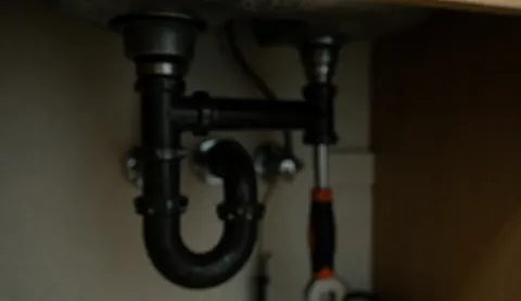 Plumbing pipes under a sink with a visible pipe wrench in the blurred background