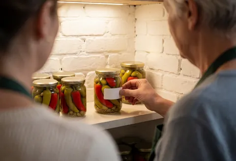 Two people standing with their backs to the camera looking at jars of preserved chilies with labels on a white brick wall shelf under warm lighting.