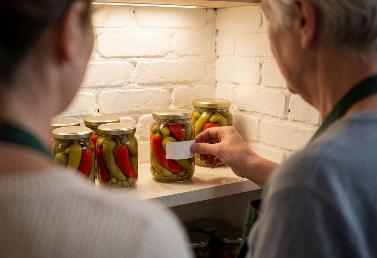 Two people standing with their backs to the camera looking at jars of preserved chilies with labels on a white brick wall shelf under warm lighting.