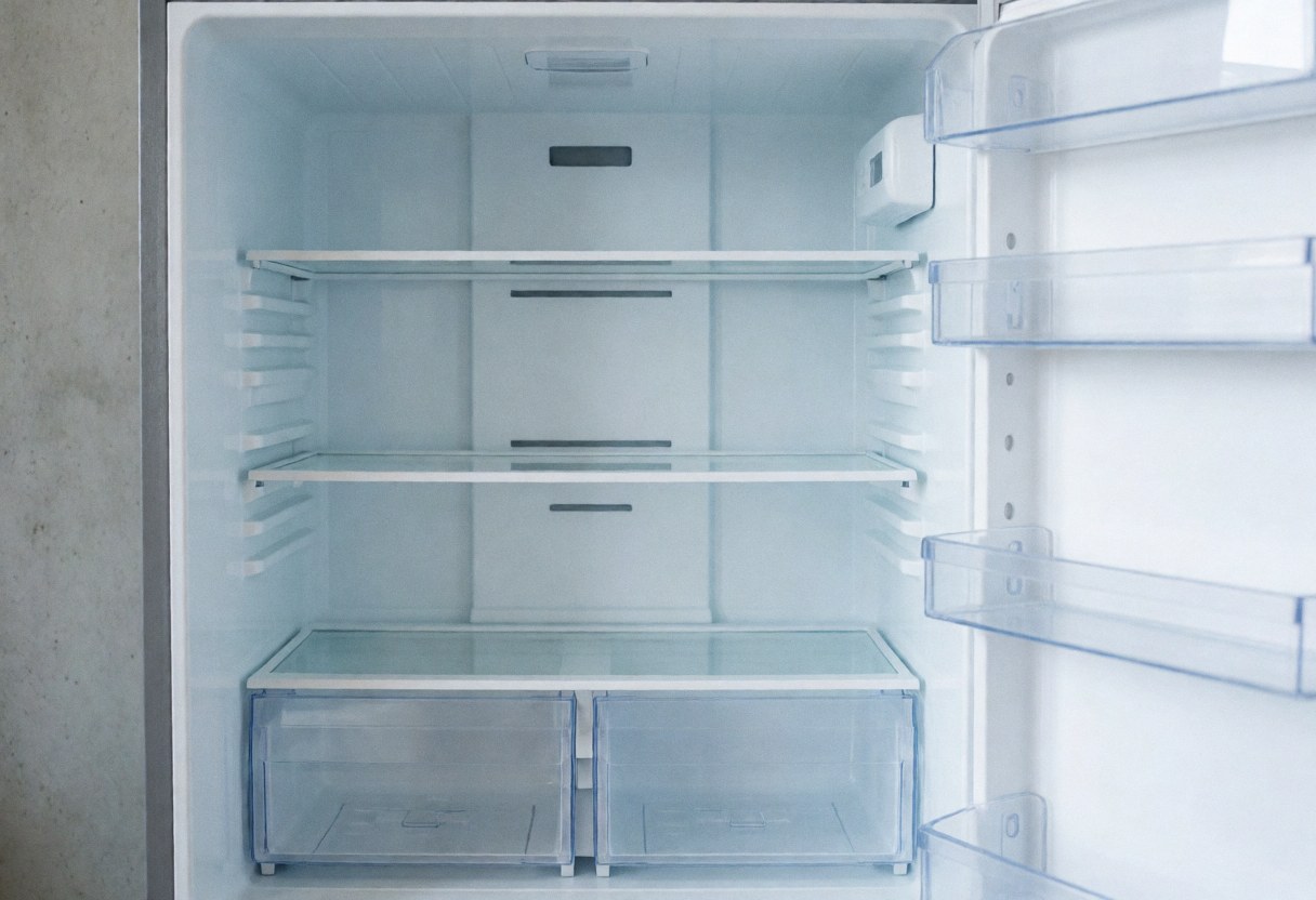 Clean interior of an empty refrigerator showing transparent shelves and drawers against concrete walls with natural light.