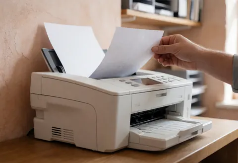 Hand feeding document into white fax on wooden desk with blurred office shelves in background