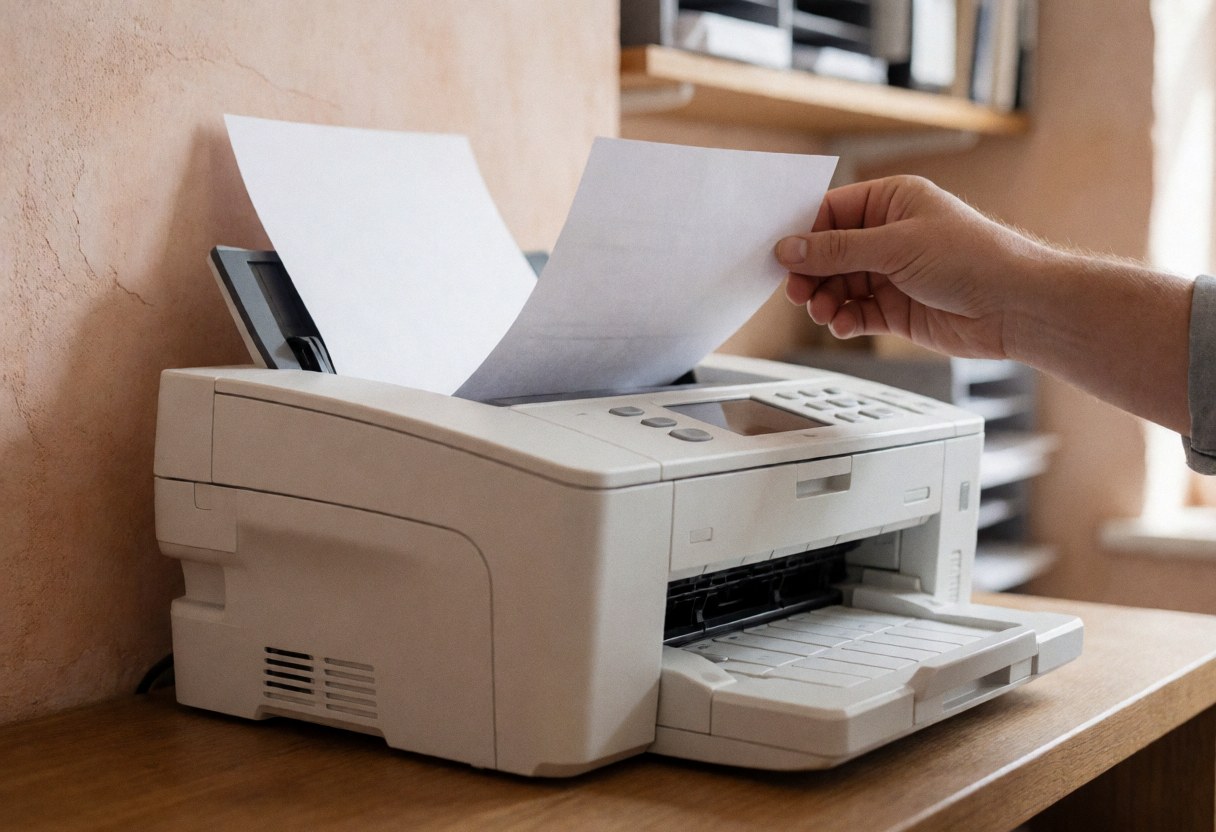 Hand feeding document into white fax on wooden desk with blurred office shelves in background