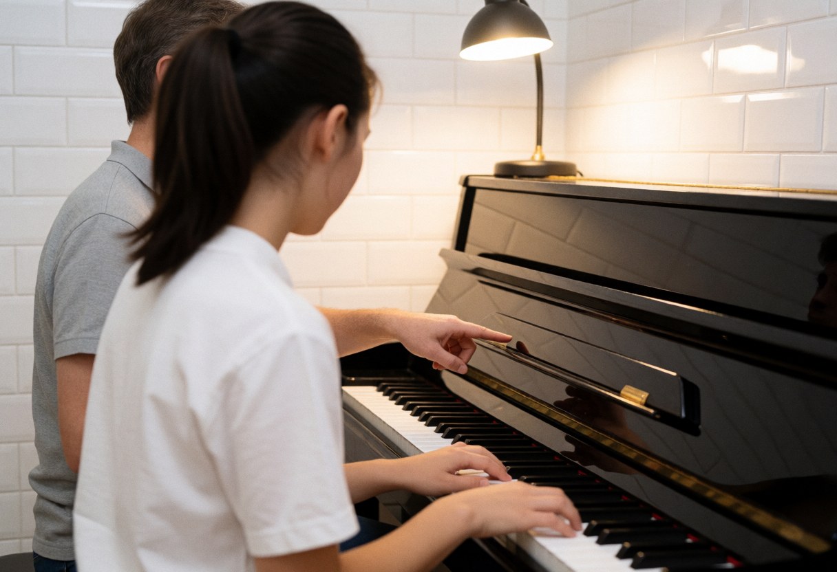 Close-up of piano instructor guiding student's hands on keys in a tiled room with desk lamp lighting
