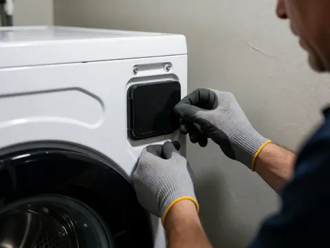 Close-up of technician installing transport lid on new white washing machine with tools and gloves against gray wall