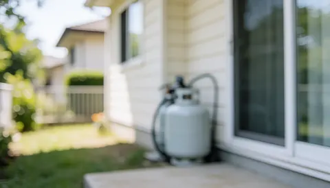 A propane gas tank situated in a quiet residential backyard, providing a calm and secure background suitable for text overlays.