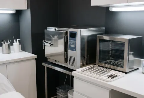 Sterilization room featuring an autoclave, UV sterilizer, and facial care tools arranged on white trays against dark gray walls under fluorescent lighting.