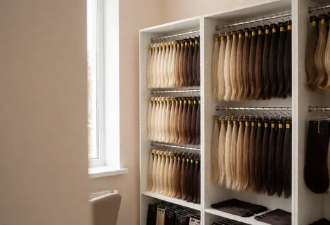 White shelves holding hair extensions organized by color and type, illuminated by natural window light in a clean professional salon setting