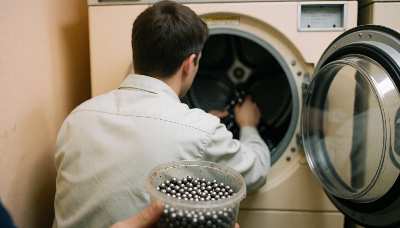 Technician placing steel balls into the dryer drum during repair work in a workshop with beige walls and practical lighting
