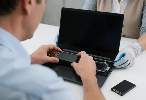 Technician installing SSD in laptop with another person watching nearby