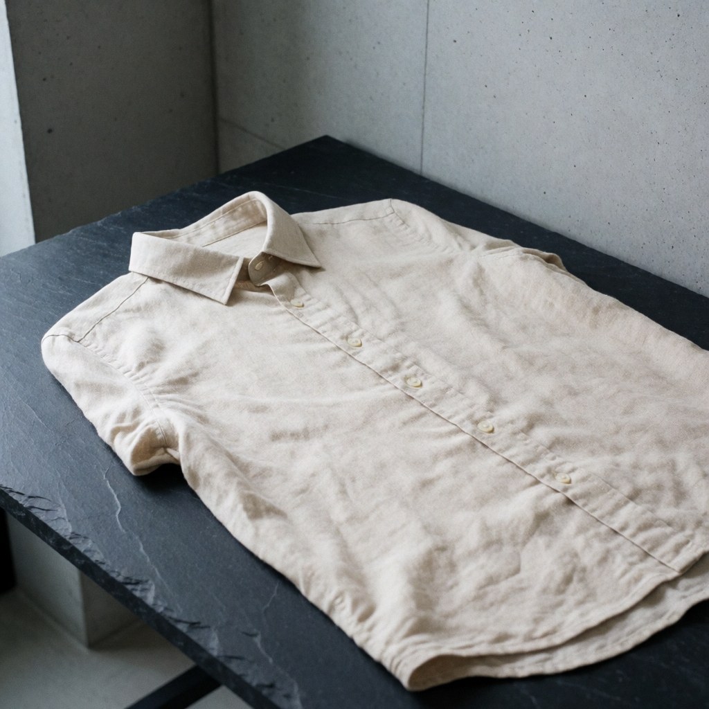 Beige linen shirt with buttons on a dark stone table with concrete walls and natural light