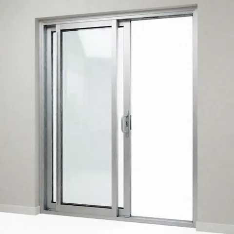 Close-up of a sleek sliding glass door with an aluminum frame installed in a light gray wall, showcasing a clean and contemporary finish suitable for business properties.
