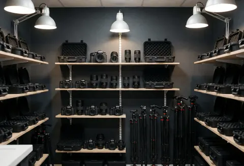 Organized storage of cameras, lenses, and tripods on gray shelves in a room with industrial lighting.