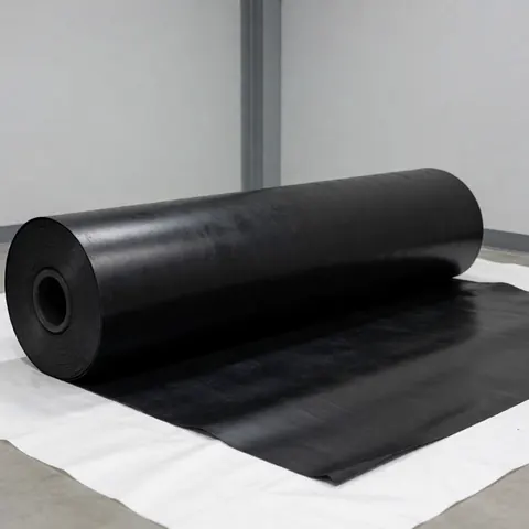 Large roll of black EPDM rubber roofing membrane resting on a white sheet inside an industrial warehouse with gray walls