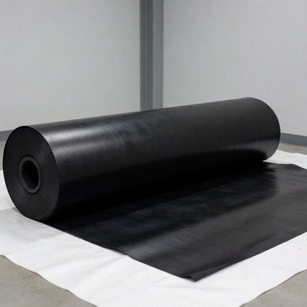 Large roll of black EPDM rubber roofing membrane resting on a white sheet inside an industrial warehouse with gray walls