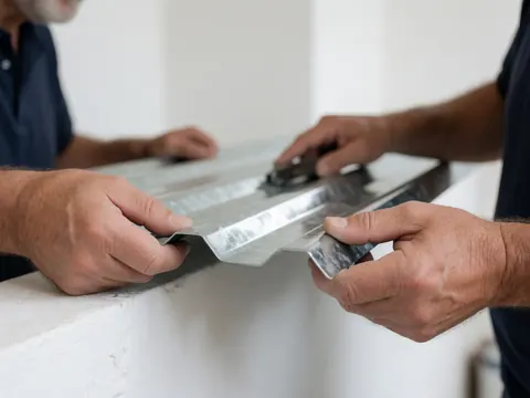 Close-up of hands cutting a galvanized corrugated metal sheet for roofing construction against a blurred white background with natural light