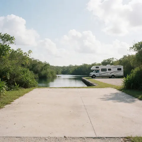 White recreational vehicle parked on concrete pad beside calm cenote water with green vegetation reflecting the sky
